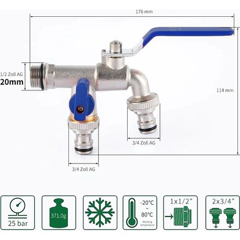 Robinet de jardin extérieur (entrée d'eau DN15 de 8 pouces), antigel, double commande en cuivre, pour lave-linge et évier de jardin 1/2 pouce (1/4)