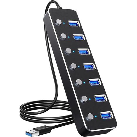 Hub USB 3.0 7 ports en aluminium - Câble de 60 cm, indicateur LED, interrupteurs séparés pour ordinateur portable (1/4)