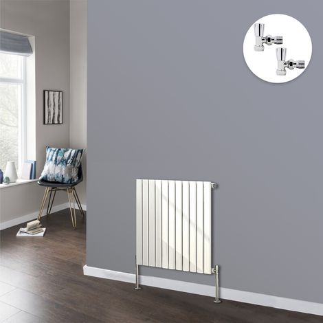 Flat Panel Designer Radiator Bathroom Central Heating Radiators White with Angled Manual Pair of Valves 600 x 748mm Horizontal Single