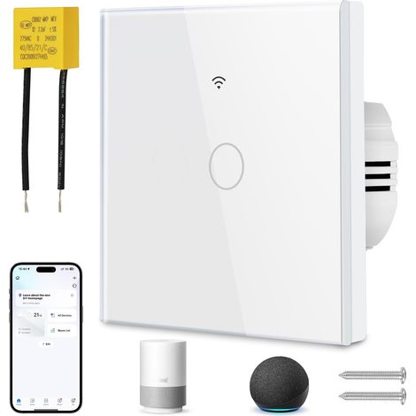 Interrupteur WIFI Connecté, 1 Gangs Mural Interrupteur Tactile intelligent, avec Condensateur, Interrupteur Intelligent Compatible avec Tuya SmartLife Google Home, Blanc (1/5)