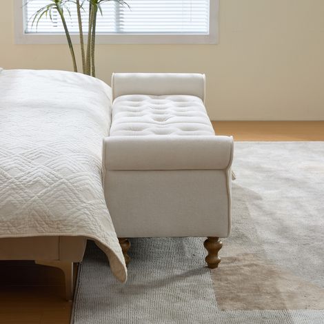 Banque moderne avec 2 coffres et rangement, pouf en velours à accoudoirs roulés, convertible en lit de jour, pieds en bois d'hévéa, pour salon, entrée, chambre, teinte beige (1/5)