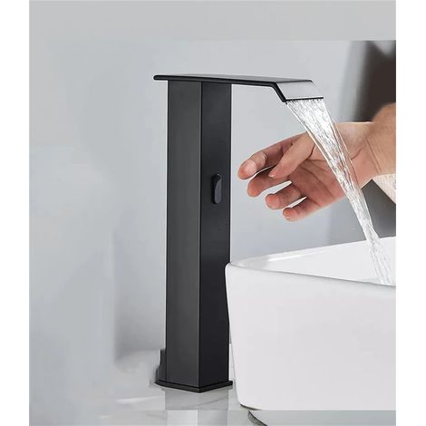 Schwarze Sensor-Waschtischarmatur, automatische Sensor-Badarmatur, berührungslose Wasserfallarmatur, Mischbatterie für Warm- und Kaltwasser (1/5)