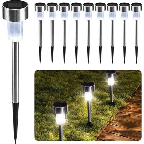 Set di 10 lampade solari da giardino a LED, impermeabili e ricaricabili in acciaio inox per l'illuminazione dei vialetti, lampade solari da esterno per il giardino (bianco) (1/5)