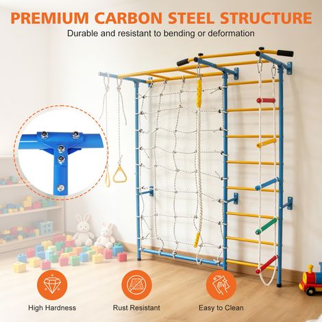 Ensemble de jeux d'escalade 7-en-1 pour bambins, structure d'intérieur avec échelle suédoise en acier carbone, barre de traction, corde à nœuds et anneaux de gym, fixable au mur, charge max 100 kg. (1/5)