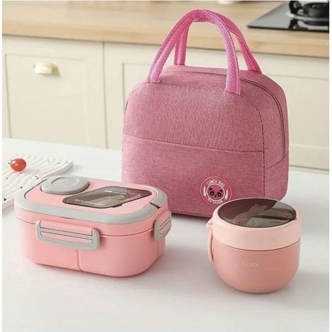 (rose)Boite Repas lunch box avec Sac Isotherme et Couverts, 1200ml+600ml Lunch Bento Box Adulte Enfants pour Pique Nique, Travail, (rose) (1/5)