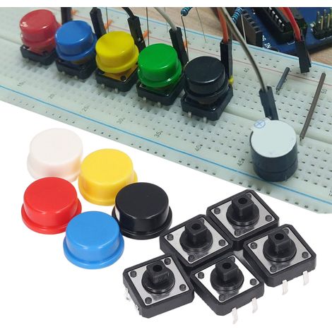 Lot de 25 interrupteurs tactiles ronds de 12 x 12 x 7,3 mm, interrupteurs miniatures CMS instantanés à 4 broches pour circuit imprimé, avec capuchons. (1/5)