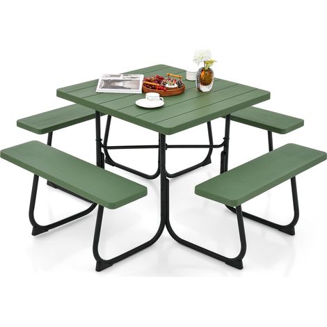 COSTWAY Set Tavolo da Picnic Quadrato con Panche per 8 Persone, Tavolo da Picnic con 4 Panche e Foro per Ombrellone, con Telaio in Metallo, Ogni Panca Portata 225 kg, per Giardino, Cortile (Verde) (1/5)