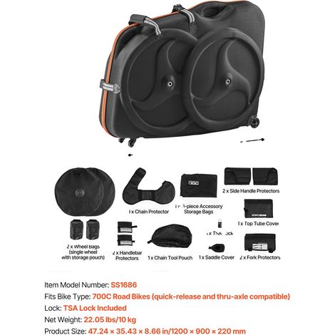 Funda para bicicleta, carcasa rígida de EVA, cierre TSA, bolsa de transporte segura para bicicletas de carretera de 700C, color negro. (1/2)
