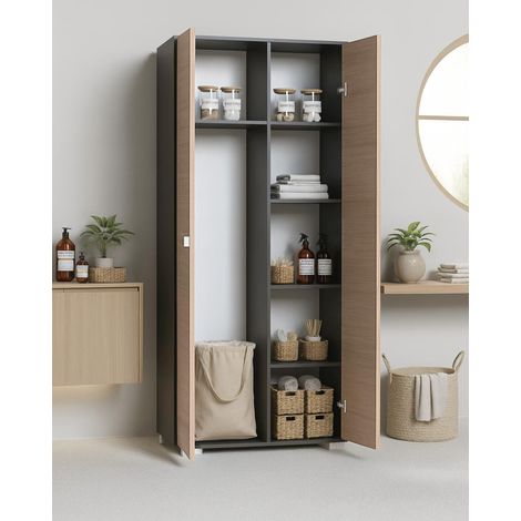 Armadio multiuso Sonia 2 ante - Mobile portascopa salvaspazio - 6 ripiani interni e un vano portascope - Colore ante virginia e struttura antracite - 75x180x35 cm (1/4)