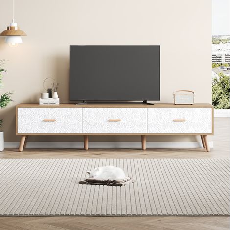 Mueble TV 150x39x35 cm blanco y madera, 3 cajones y panel frontal texturizado (1/5)