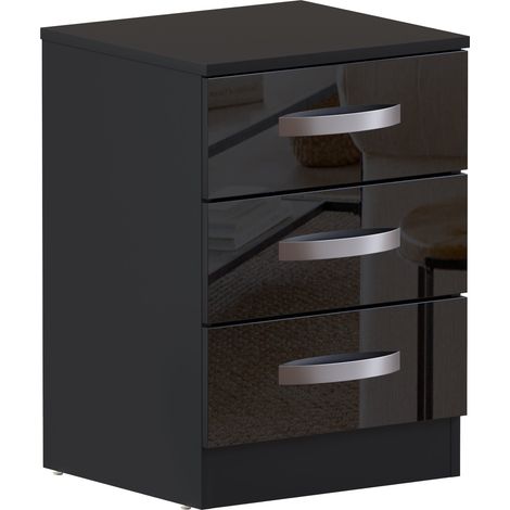 Hulio 3 Drawer Bedside Table High Gloss Cabinet Chest Nightstand Bedroom Furniture, Black