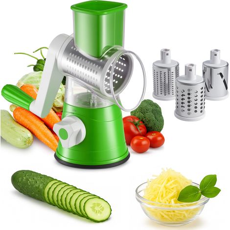 Rotary Vegetable Shredder 3 in 1 Rotary Cheese Grater Round Vegetable Mandoline Blades Handheld Fruit Vegetable Slicer Shredder for Fruit Nut and Vegetable Grate (Green) (1/5)