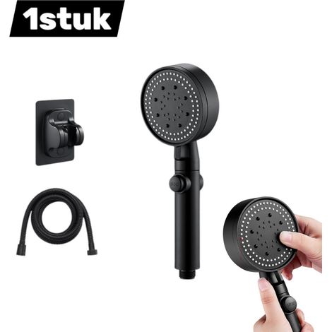 Pommeau de douche effet pluie avec 6 jets, flexible noir 2 m et support réglable, noir (1/5)