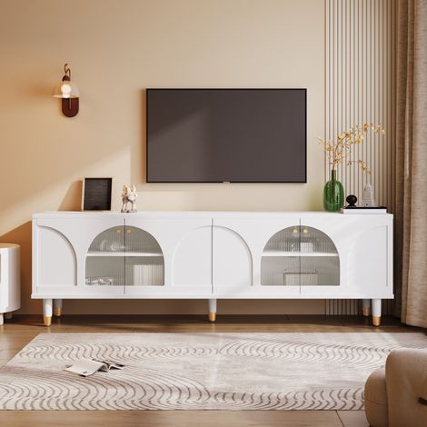 Mobili TV da 173 cm con ante in vetro scanalato arcuato, maniglie dorate, Mobile TV nero, porta TV per camera da letto, moderno - Bianco (1/5)