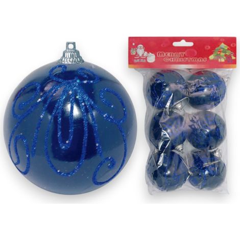 Set di 6 sfere natalizie in plastica satinata blu con glitter argento diametro 80 mm per decorazioni festive - Ø 8 cm (1/3)