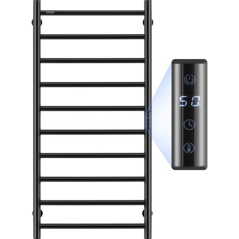 Radiateur Sèche-Serviettes Électrique 10 Barres, Porte-Serviettes Chauffant Mural, Chauffe-Serviettes à Température Réglable, Étanche IPX5, avec Minuterie et LED, pour Salle de Bain, Noir (1/5)