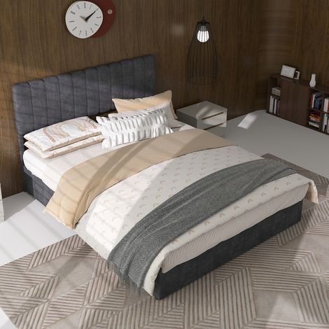 Bett Stoff Grau 140x200 cm, Polsterbett mit Metallrahmen und gepolstertem Kopfteil