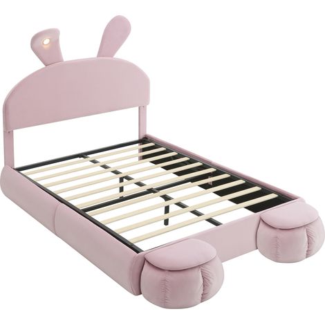 Hydraulisches Doppelbett 140x200 cm aus rosa Samt mit LED und 2 Aufbewahrungshockern MODENUIT (1/5)