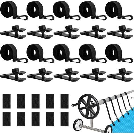 Fixation pour Bâche Solaire de Piscine,10 Pièces Kit de Sangles de Couverture Solaire,Enrouleur de Couverture Solaire,Sangles de Fixation,Pinces,pour Couvertures de Bâches de Piscine (1/5)