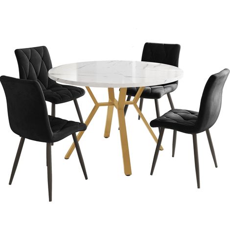 Conjunto comedor redondo 5 piezas MDF efecto mármol con 4 sillas de terciopelo negro (1/5)