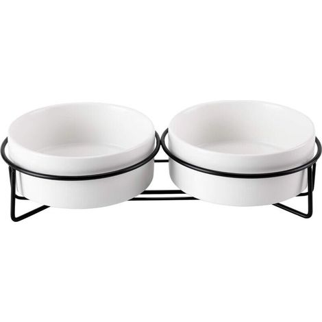 (28.5×14.5×7cm)Blanc+Blanc Gamelle Chat Surélevée, Gamelle Eau Chat en Céramique avec Support Métal, Double Gamelle Anti Renversement, 2x400ml (1/4)