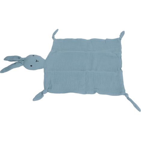 Couverture douce en mousseline de coton, lange apaisant lapin bleu, doudou sécurité bébé, tissu respirant et délicat, taille unique, idéal pour le sommeil. (1/5)