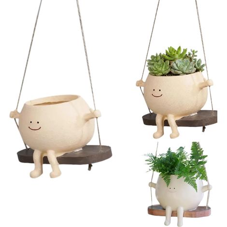 Joli pot de fleurs succulentes, pot de fleurs suspendu avec visage à bascule, pot de fleurs avec visage souriant, blanc (1/5)