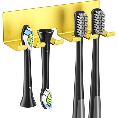 1 - Porte-Brosse à Dents - Support Mural - Fixation Adhésive Sans Percage - Acier Inoxydable - Pour Salle de Bain - Or - 12x8cm (1/3)