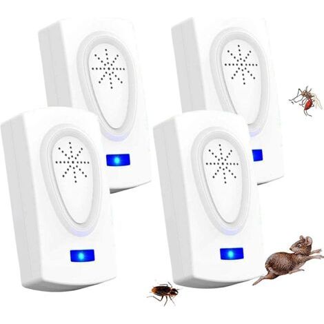 BUNTHAUS (Paquet de 4) Répulsif anti moustiques à ultrasons, tueur de rats et de parasites Répulsif anti moustiques à ultrasons Tueur de rats électronique, moustique de rat, cafard, mouches, cafards, (1/5)