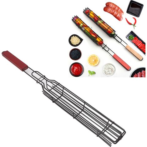 Kebab-Grillkorb aus Eisen mit Holzgriff und Kochthermometer – abschließbarer Grillrost für Gemüse, Würstchen und Fleisch (1/5)