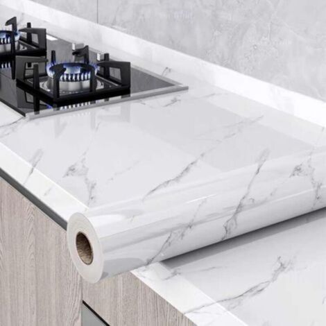 Papier Peint Film Rouleau Adhesif pour Meuble Cuisine Mural, Papier Autocollant pour Meuble Armoires Imperméable, Décoratif Revêtement Blanc Marbre Vinyle Tableaux Comptoirs 60×50