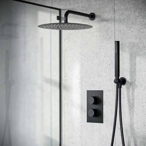 Temel Matte Black Round 300mm Shower with Hand Held Set Thermostatic Mixer Valve (1/5)