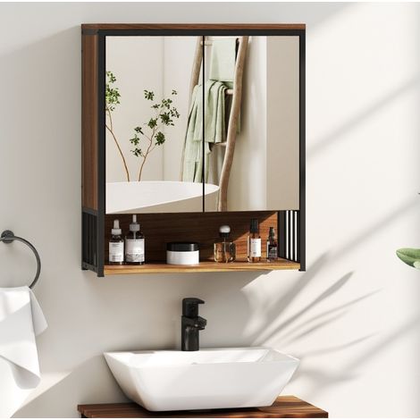 Meuble miroir de salle de bain mural avec portes à fermeture douce, rangement ouvert et fermé, format compact en brun, CHICFURN (1/5)