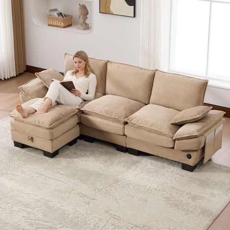 Canapé modulaire 3 places avec 1 tabouret en velours côtelé,siège large,mousse haute densité,port USB-C et poches latérales,kaki. (1/5)