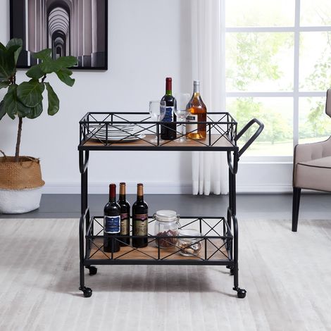 2-Tier Industrial Bar Cart with Wheels  Kitchen Drinks Serving Trolley (1/4)