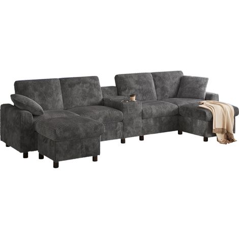 Canapé d'Angle en U 3 Places avec 2 Poufs de Rangement, Table d'Appoint, Ports USB et Type-C, Corduroy Gris (1/5)