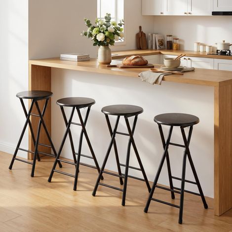 Set 4 Sgabelli Bar Pieghevoli con Doppio Poggiapiedi, in Legno e Acciaio, 34x30x70 cm, Nero