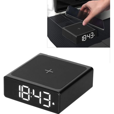 [Reloj despertador digital] Reloj LED con cargador USB inalámbrico 3 en 1, aleación de aluminio, para escritorio o mesita de noche. (1/5)