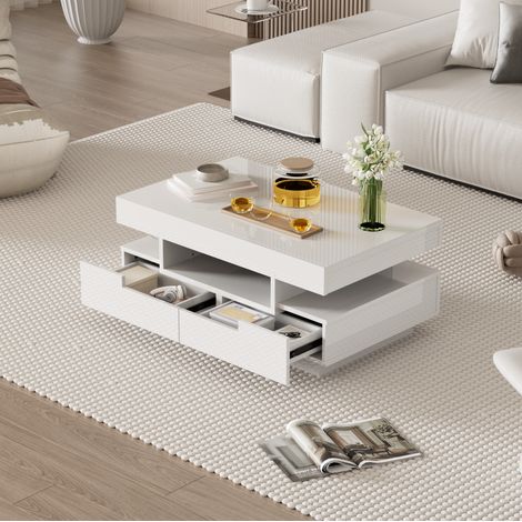 table salon table basse rangement LED 80 cm blanc OKMYHOME (1/5)