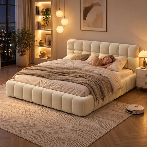 Lit Double 140x190 cm Beige en Lin, Tête de Lit Rembourré Design Nuage, Cadre de lit bas intégré, Lit adulte 140x190 cm avec Sommier à Lattes, sans Matelas, pour Adulte et Adolescent (1/5)