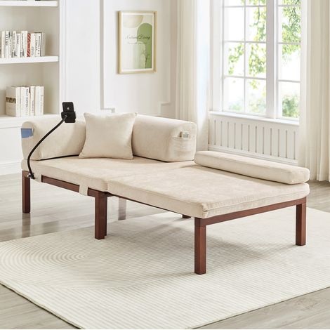 Sofá cama plegable individual, convertible en cama extraíble, estructura de madera maciza, terciopelo beige (1/5)