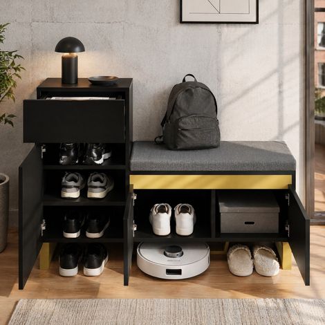 MEUBLIV Mobile ingresso portascarpe nero 120x35x85 cm con panca imbottita e vano contenitore (1/5)