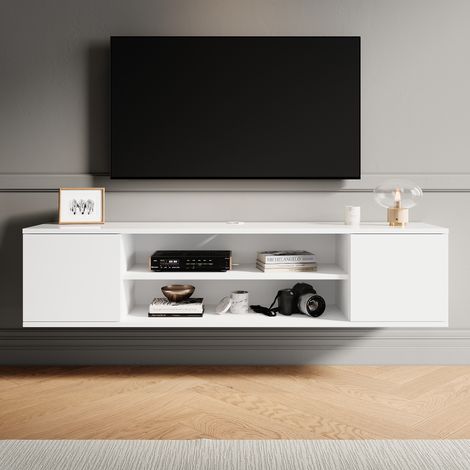 ELEGANT White Floating TV Stands Wall Mounted TV Entertainment Center Wood Wall Storage Cabinet for Living Room 1300 x 300 x 300mm