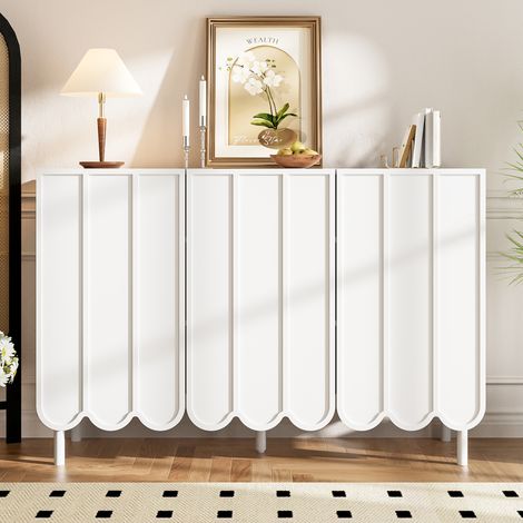 Buffet blanc moderne 120x35x80 cm portes ondulées sans poignée système rebond, étagères réglables et pieds ajustables, meuble de rangement multifonction salon entrée salle à manger (1/5)