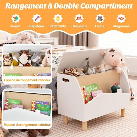 Coffre à jouets enfant avec charnière de sécurité, 2 compartiments et étagère à livres, blanc (1/5)