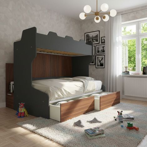 Letto a castello salvaspazio con scala contenitore - 1 Piazza e mezza + singolo - Basalto e Noce (1/5)
