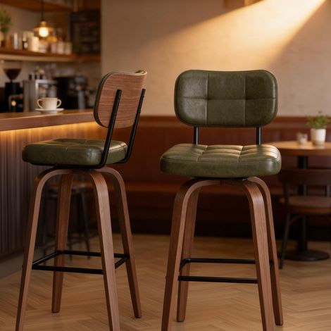 Tabouret de bar pivotant lot de 2 - 44 x 49 x 94 cm - chaise haute de cuisine et salle à manger scandinave en bois courbé et simili cuir - vert (1/5)