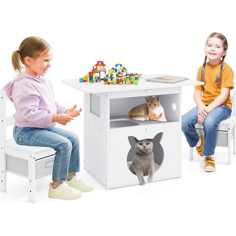 COSTWAY 2 en 1 Table Enfant avec 2 Chaises et Niche pour Chat, Table de Jeux Enfant avec Trou en Forme de Chat, Bacs Amovibles en Tissu, Charge 50/75 kg pour Garçons et Filles de 3+ Ans (1/5)