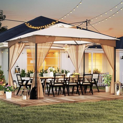 Tonnelle de Jardin Exterieur avec Moustiquaire, Pavillon de Jardin, Protection Solaire, Cadre Métallique, Sacs de Sable, Montage sans Outil, Tente de Reception pour Terrasse Patio (Kaki) (1/5)