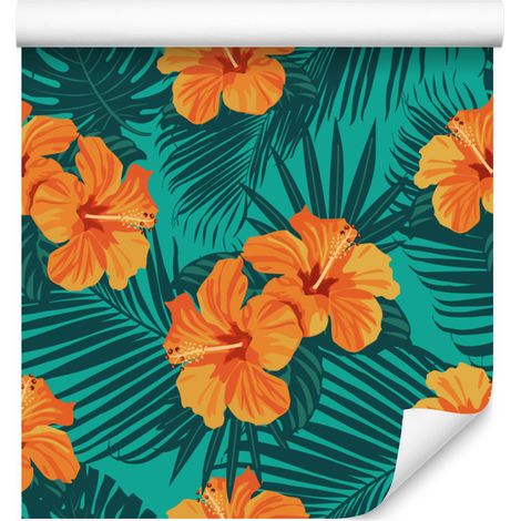 Carta da parati con foglie e fiori esotici per soggiorno e camera da letto, 50x1000 cm (1/5)